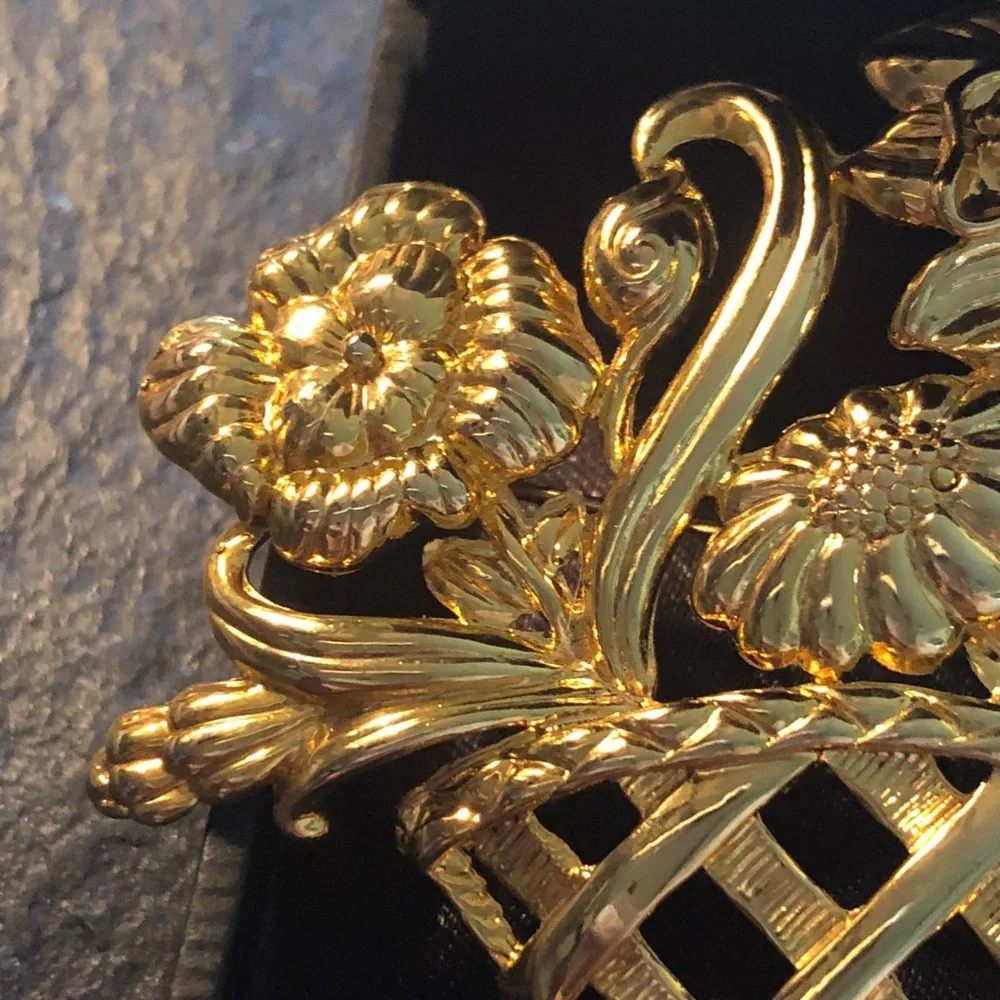 Large Vintage Basket of Flowers Brooch Pin